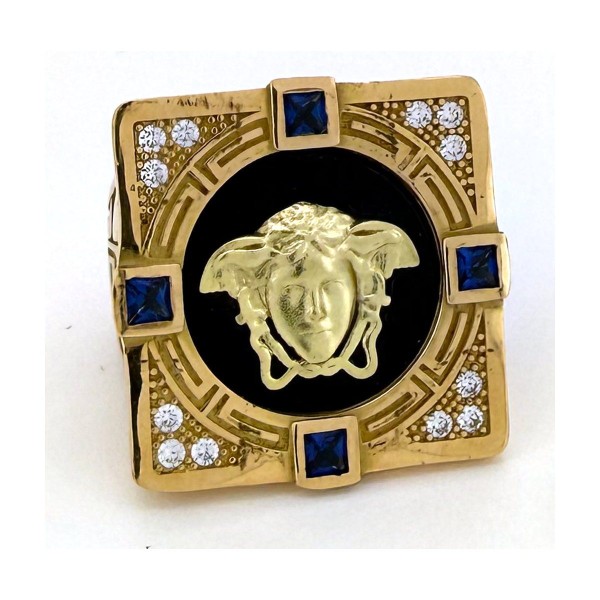 Anillo medusa piedras azules y blancas de oro 18k talla 27